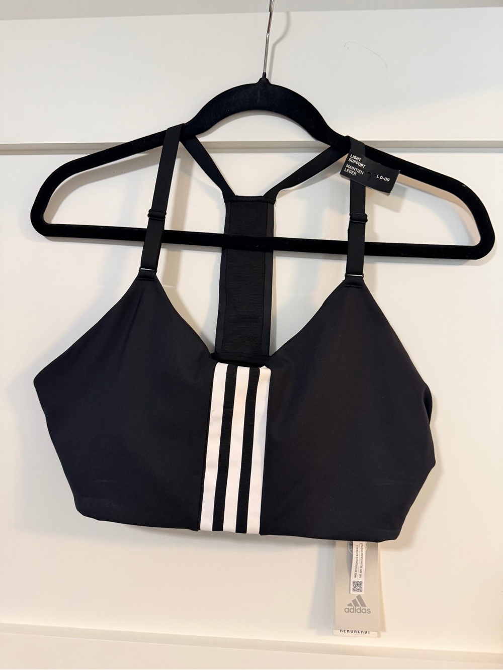 adidas Black Sports Bra with White Triple-Stripe T-Back